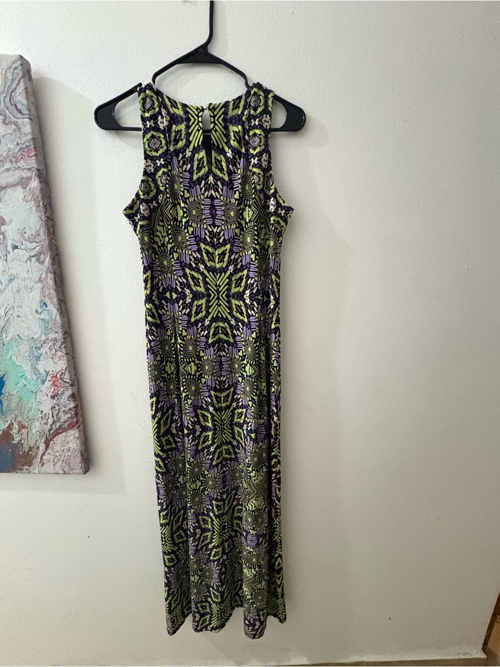 London Times Sleeveless Geometric Maxi Dress in Lime Green and Lavender